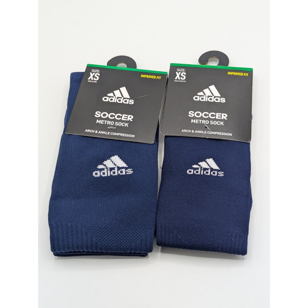 2 Pair Adidas Soccer Metro Sock Arch & Ankle Compression Youth XS 9C-1Y Navy New